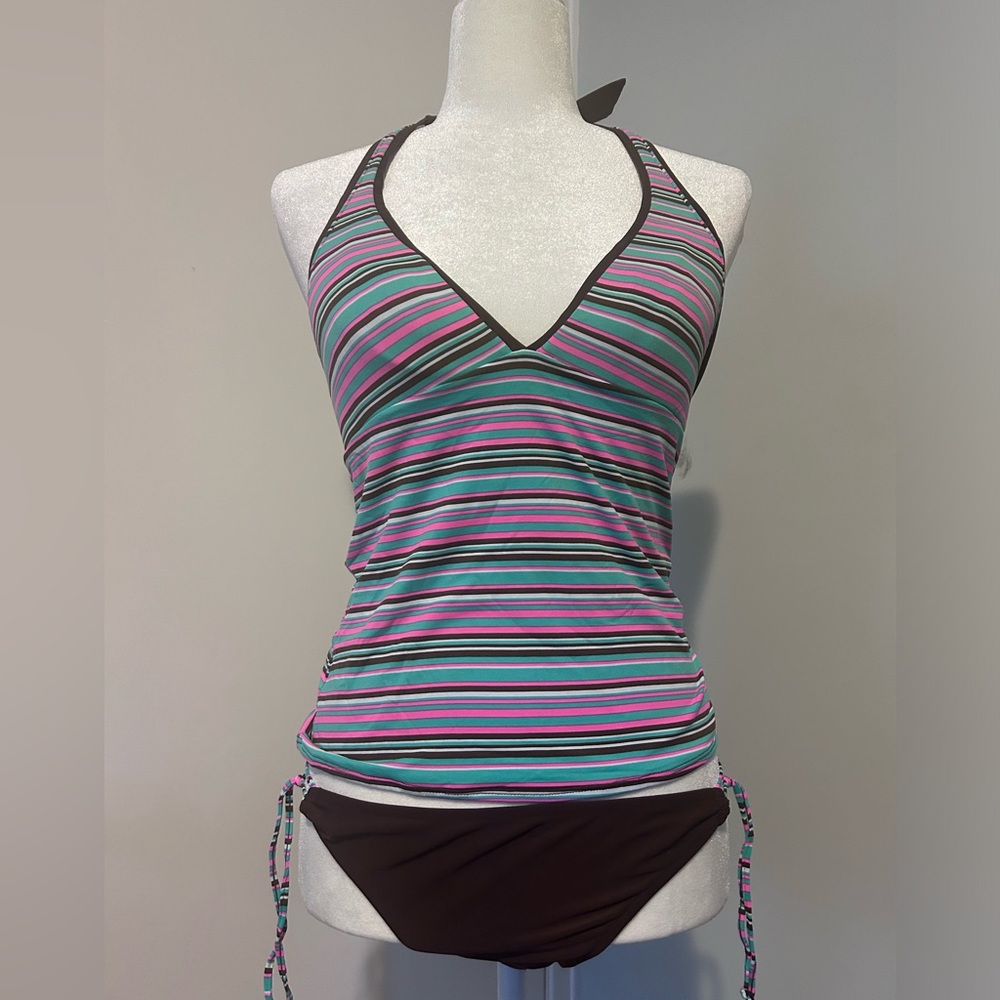 Leonisa tank bikini set , brown color with stripes on , size 36 (medium)